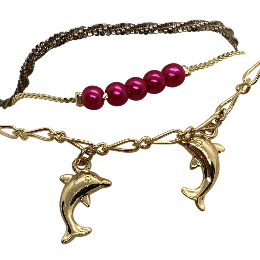 Vintage Lot of (3) Gold Tone Silver Tone‎ Anklet 9.25'' Puffy Dolphin Red Pearl
